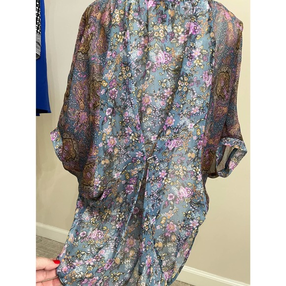 Copper Key Sheer Blouse Blue Purple Floral Flowy Shirt Sz M Kimono Sleeve - Picture 7 of 12